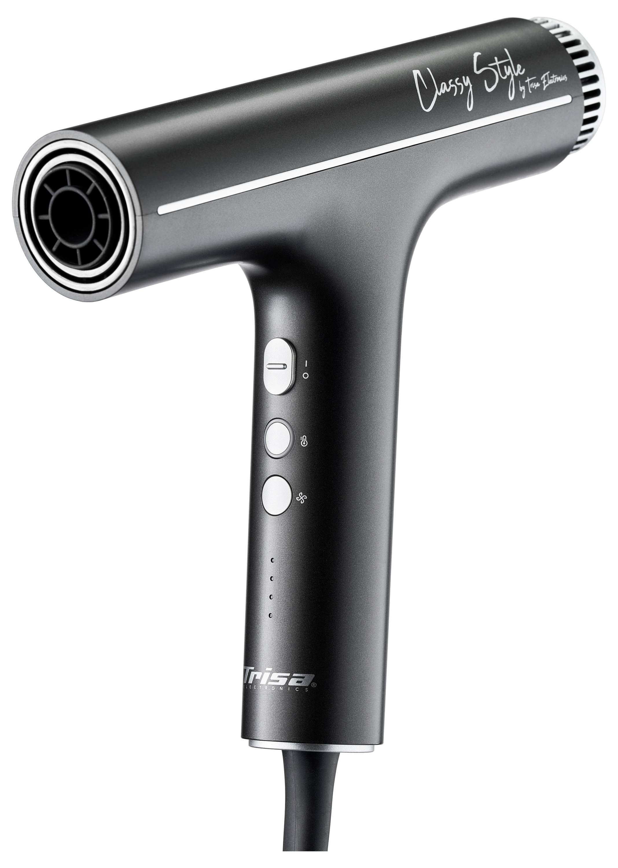 Ein schwarzer Haartrockner, modern gestaltet. Er hat Tasten an der Seite und trägt die Aufschrift 'Classy Style'.
