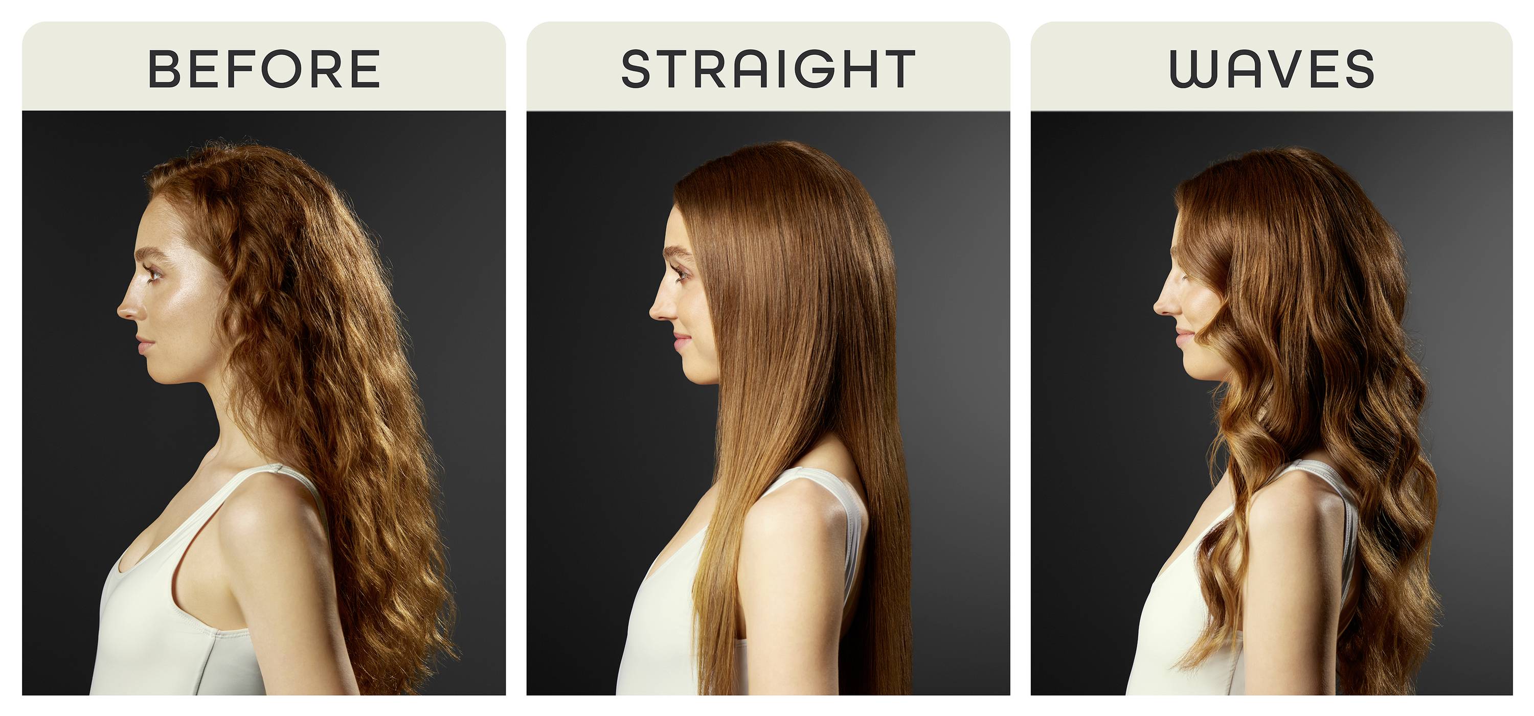 'Drei Bilder einer Frau mit verschiedenen Haarstilen: lockig (Vorher), glatt (Mitte) und gewellt (Rechts).'
