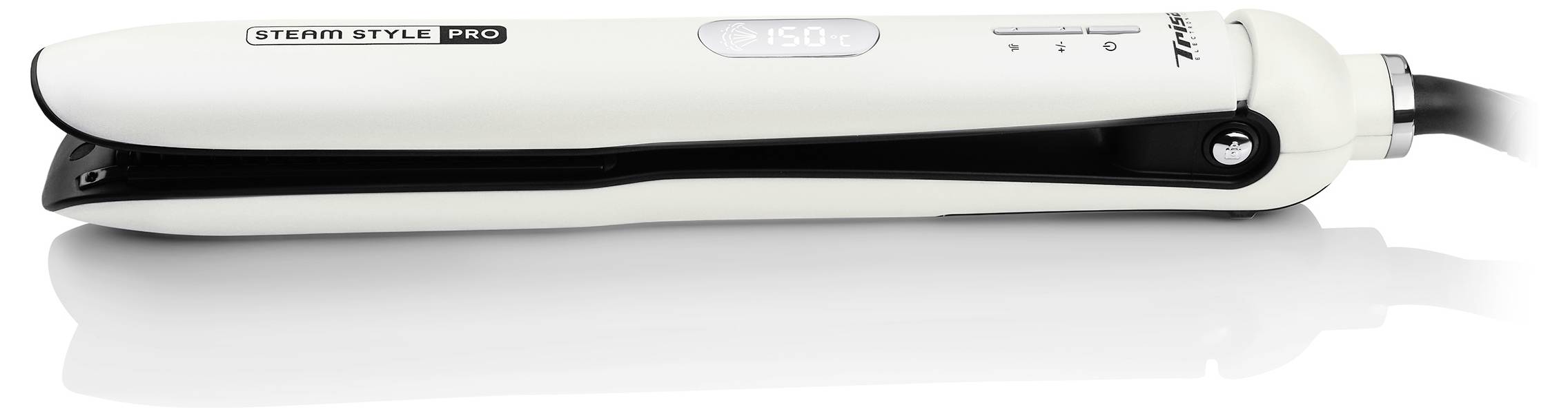 Glätteisen mit ergonomischem Design, beschriftet mit 'Steam Style Pro'. Es hat eine digitale Anzeige für die Temperatur.
