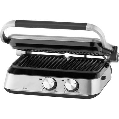 Ein elektrischer Kontaktgrill aus Edelstahl mit zwei Drehreglern für Temperatursteuerung, offen gezeigt mit gerippten Grillflächen.