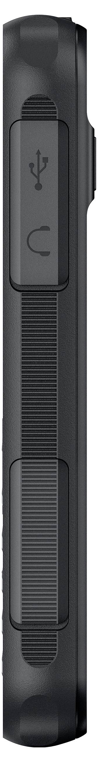 Seitenansicht eines schwarzen Geräts mit zwei erkennbaren Tasten, die nebeneinander aufgereiht sind.