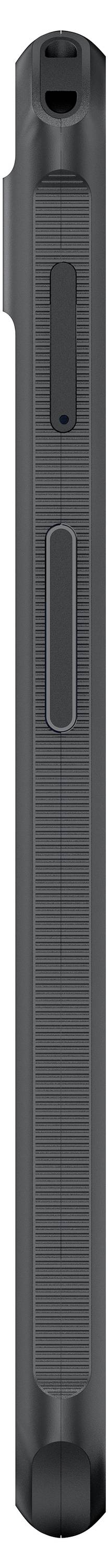 Ein schwarzes, vertikales elektronisches Gerät mit einem rechteckigen Knopf in der Mitte.