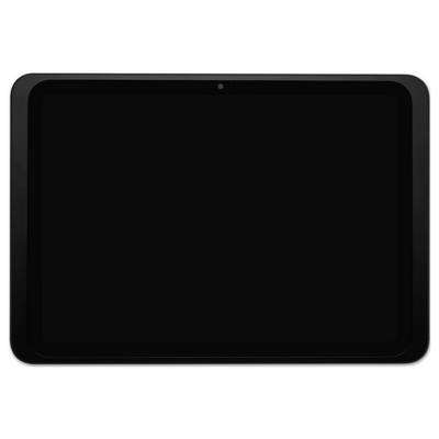 Das Bild zeigt ein schwarzes Tablet in der Vorderansicht mit einem leeren Bildschirm und einer schmalen Umrandung.
