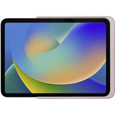 Ein modernes Tablet mit einem Bildschirm, der bunte, geschwungene Farbmuster anzeigt.
