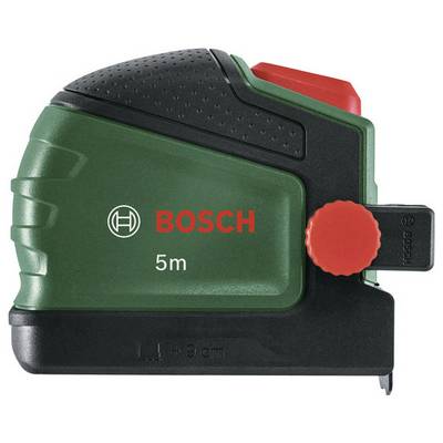 'Bosch Laser-Entfernungsmesser', grün und schwarz mit rotem Knopf, zeigt '5 m'. Kompaktes Werkzeug zum Messen von Distanzen.