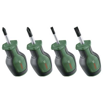 Vier grüne Bosch-Schraubendreher mit unterschiedlicher Spitze: PH1, PH2, SL4, SL5.5, auf weißem Hintergrund.