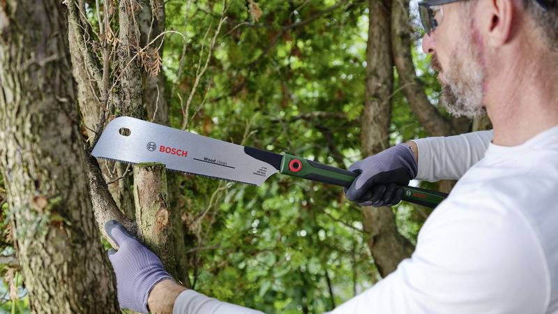 Eine Person beschneidet einen Baum mit einer Bosch Astsäge. Sie trägt Handschuhe und eine Schutzbrille für Sicherheit beim Arbeiten.