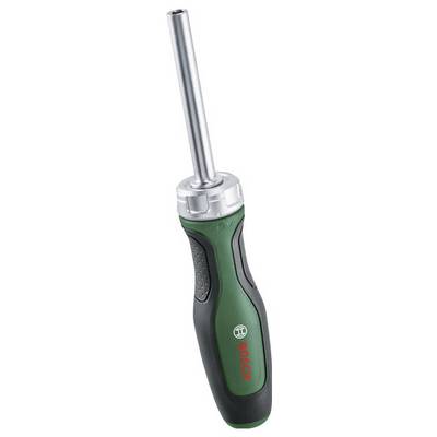 Grüner und schwarzer Schraubendreher mit silbernem, austauschbarem Bit von Bosch. Ergonomischer Griff mit gummierter Oberfläche.