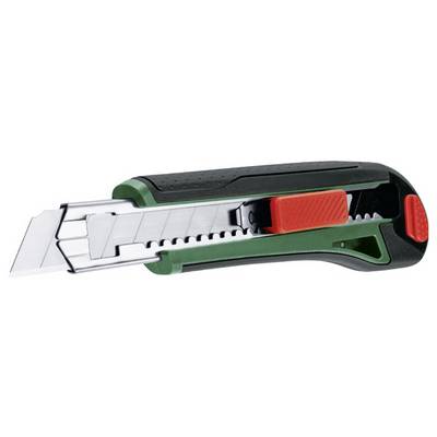 Ein grüner und schwarzer Cuttermesser mit rotem Schieber, ausgefahrene Klinge sichtbar. Werkzeug zum Schneiden von Papier oder Karton.