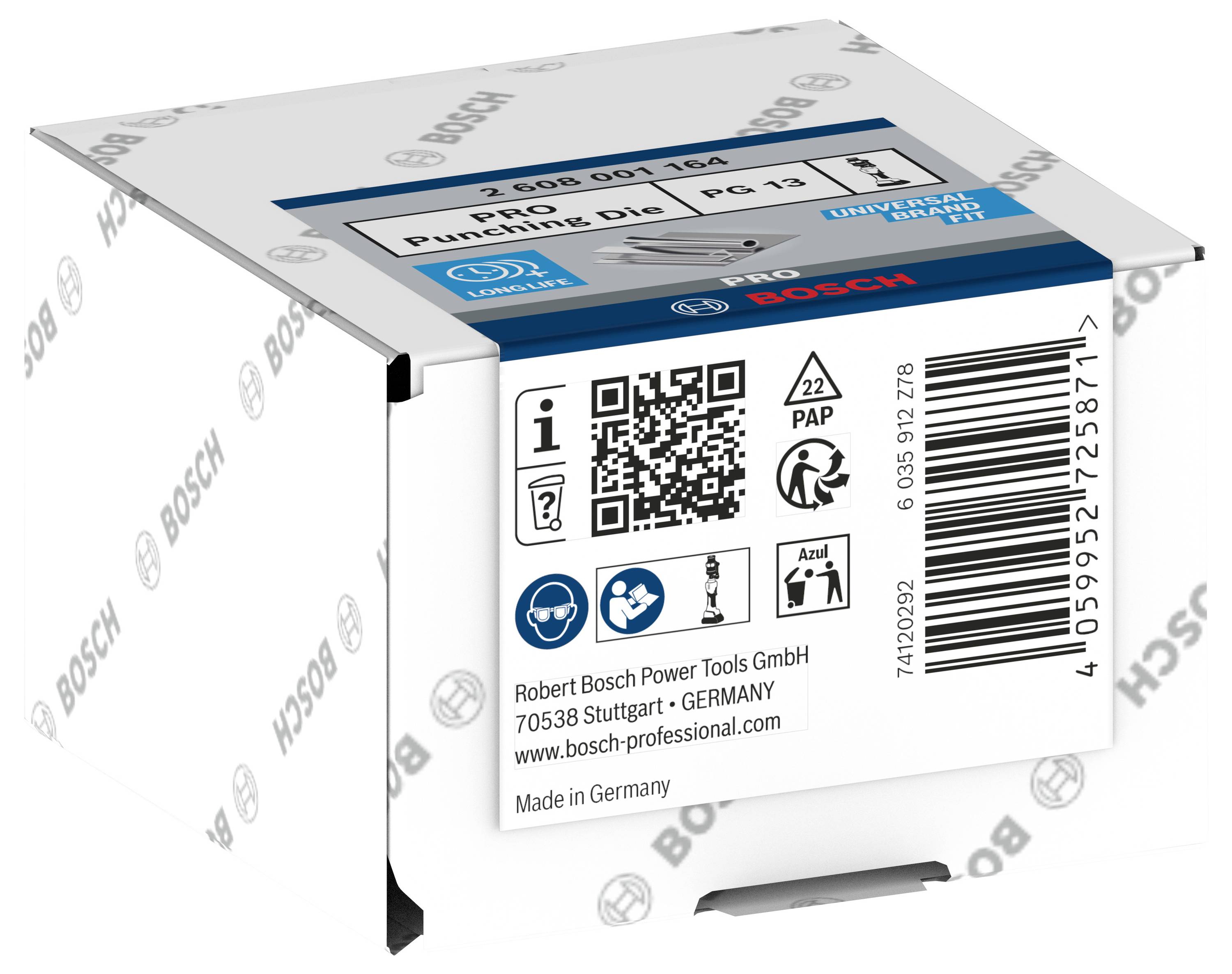 Verpackung mit Etikett von Bosch, enthält Produktinformationen und QR-Code. Produktname: 'Punching Die'; Adresse: 'Robert Bosch Power Tools GmbH, Stuttgart, Deutschland'.