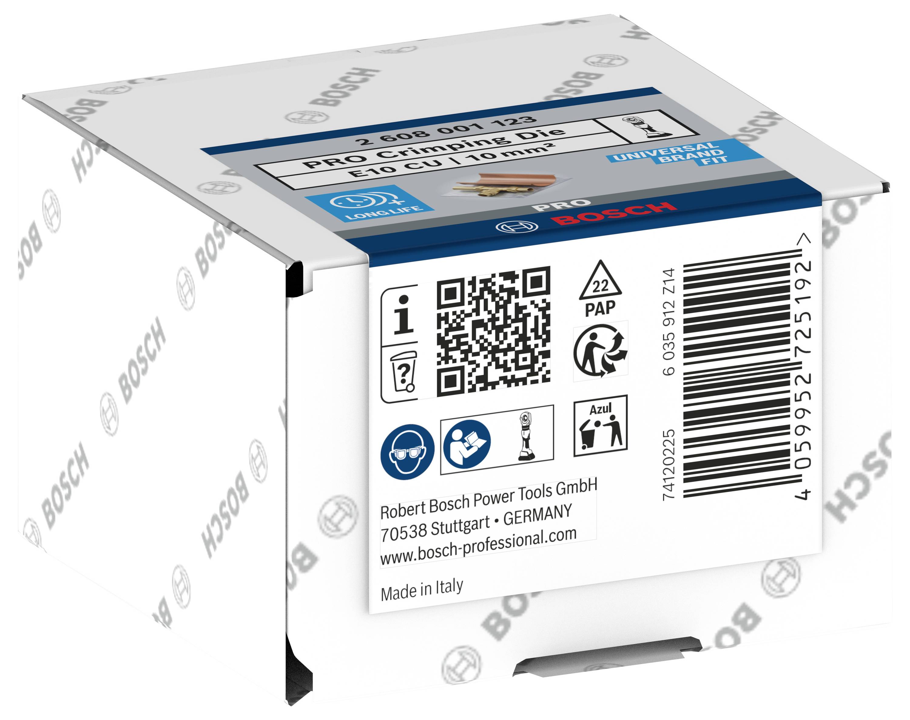Verpackung einer Bosch Crimpzange, zeigt Produktname, Bosch-Logo, QR-Code und Recycling-Symbole. Hersteller: Robert Bosch Power Tools GmbH, Stuttgart.