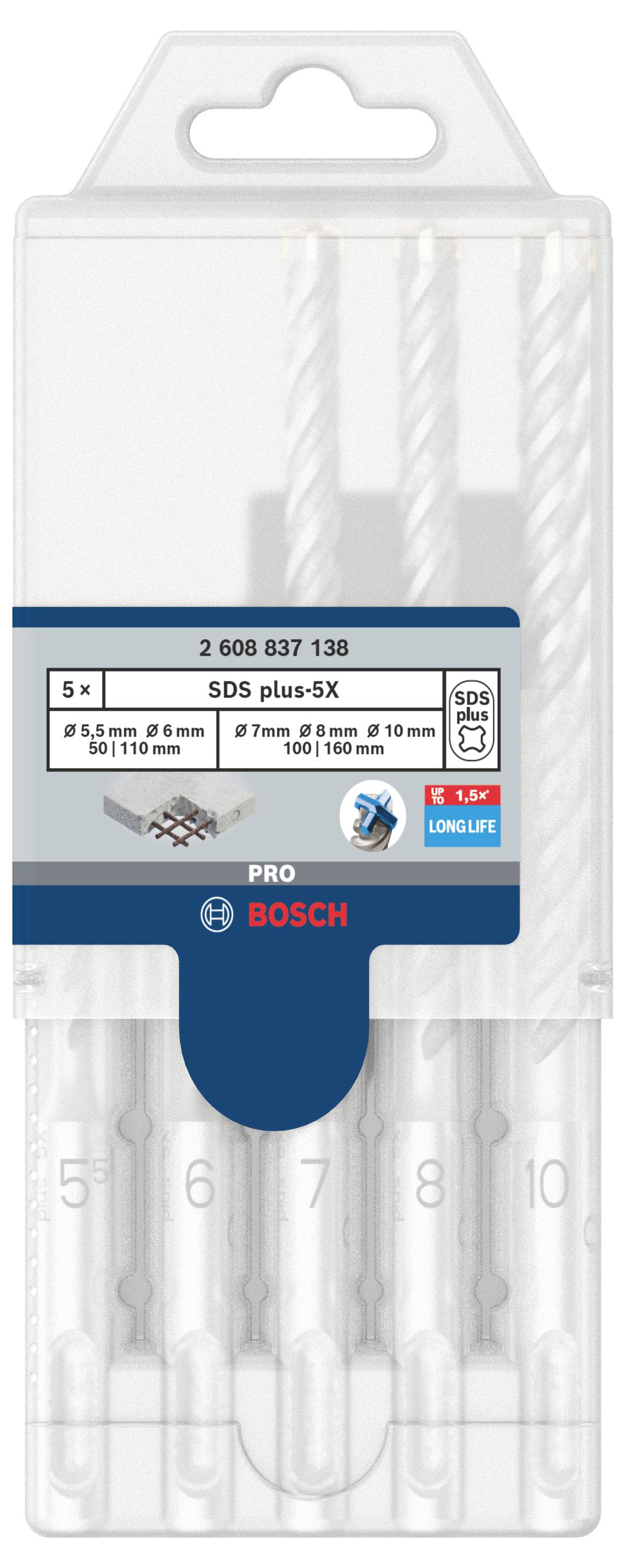 Bohrer-Set von Bosch, 5 SDS plus-5X Bohrer, Größen: 5, 6, 6, 8, 10 mm, für Beton- und Ziegelarbeiten, in einer transparenten Verpackung.