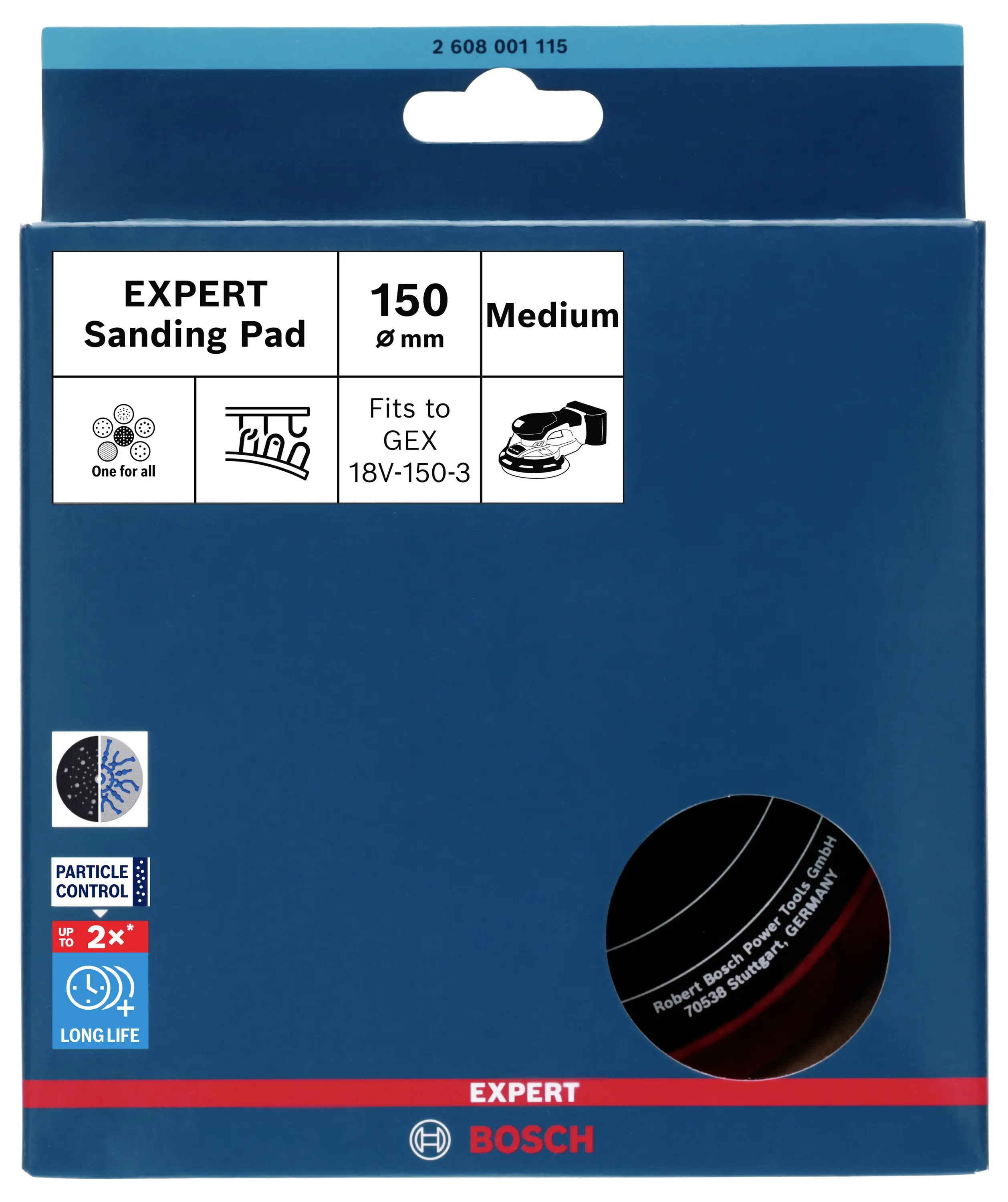 'Bosch Expert Schleifscheibe 150 mm, passend für GEX 18V-150-3. Enthält Technologie für Partikelkontrolle und hohe Langlebigkeit.'