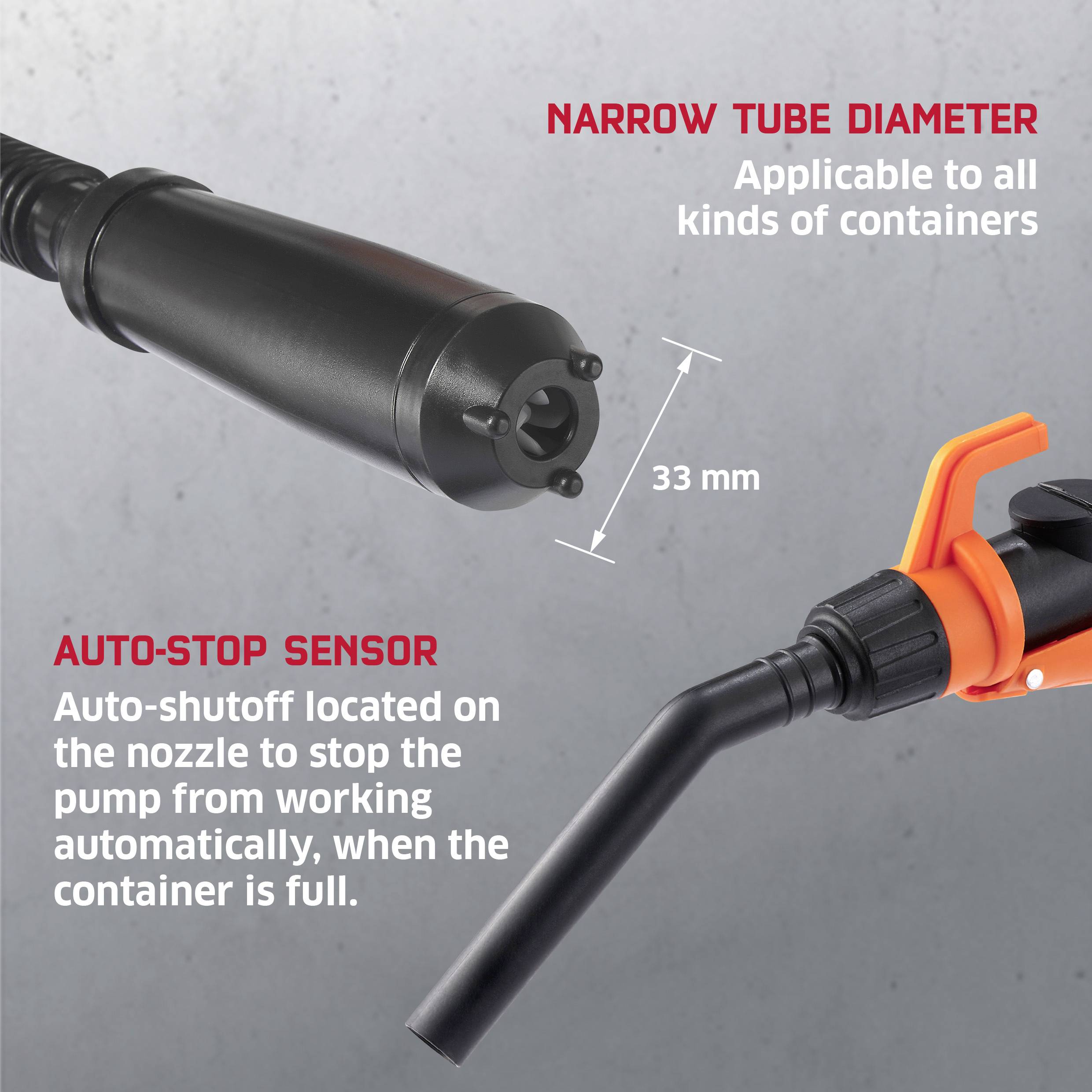 Ein Pumpenaufsatz mit schmaler Rohröffnung (33 mm Durchmesser) und Auto-Stop-Sensor verhindert Überlaufen bei vollem Behälter.