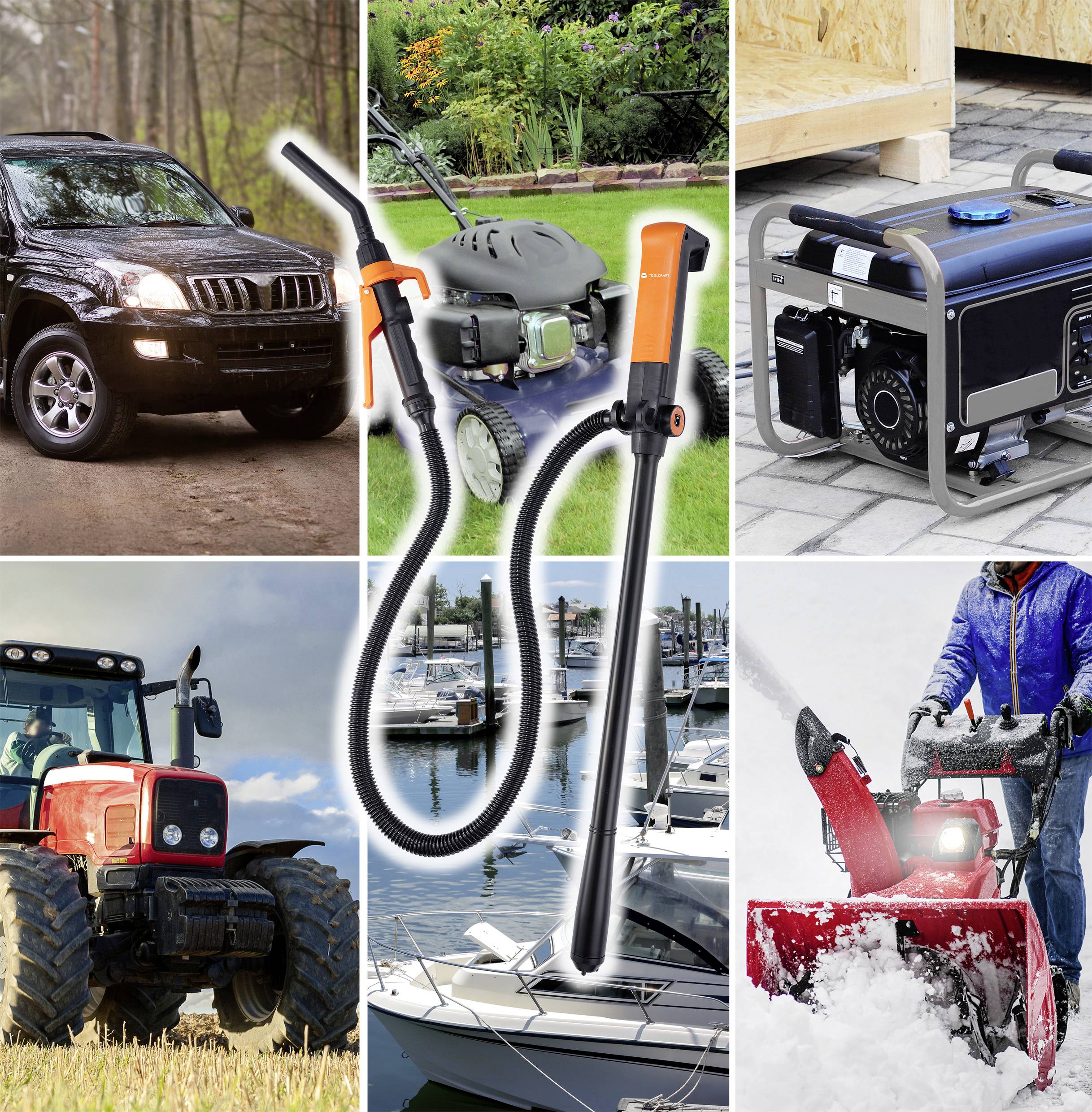 'Sechs Fotos zeigen verschiedene Maschinen: ein Auto, einen Rasenmäher, einen Generator, einen Traktor, ein Boot und einen Schneefräse.'