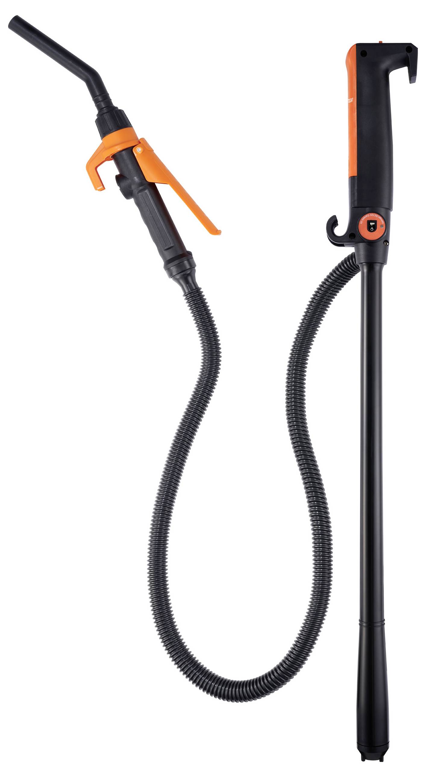 'Elektrische Fasspumpe mit langem Auslauf und orangefarbenem Hebelgriff, geeignet für Flüssigkeitstransfer.'