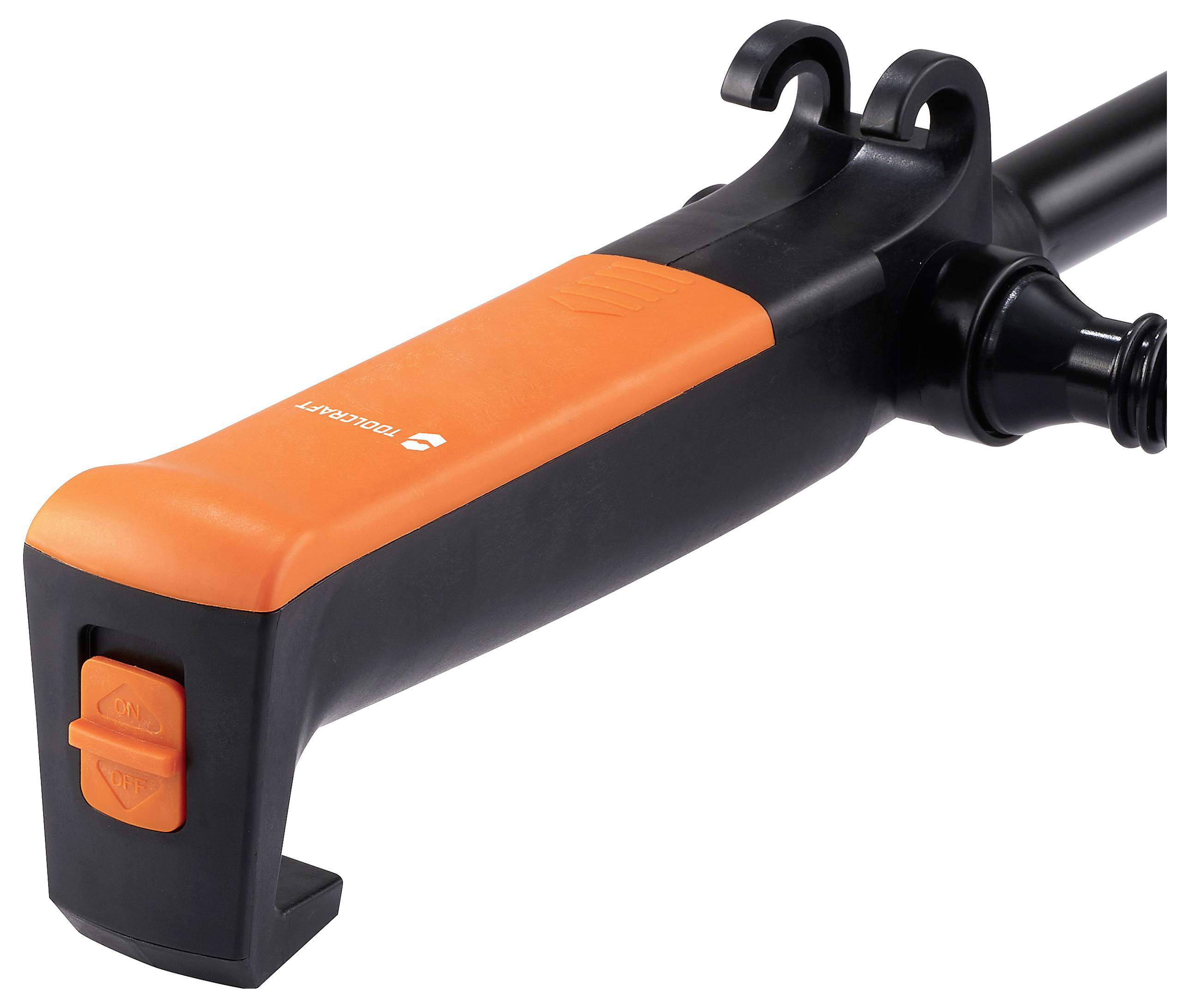 'Orangener und schwarzer Handgriff eines Werkzeugs mit zwei Knöpfen. Label zeigt "Neptun".'