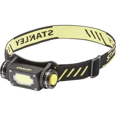 Kopflampe mit gelbem Licht und verstellbarem, elastischem Stirnband. Markenname 'STANLEY' in Schwarz auf gelbem Band.