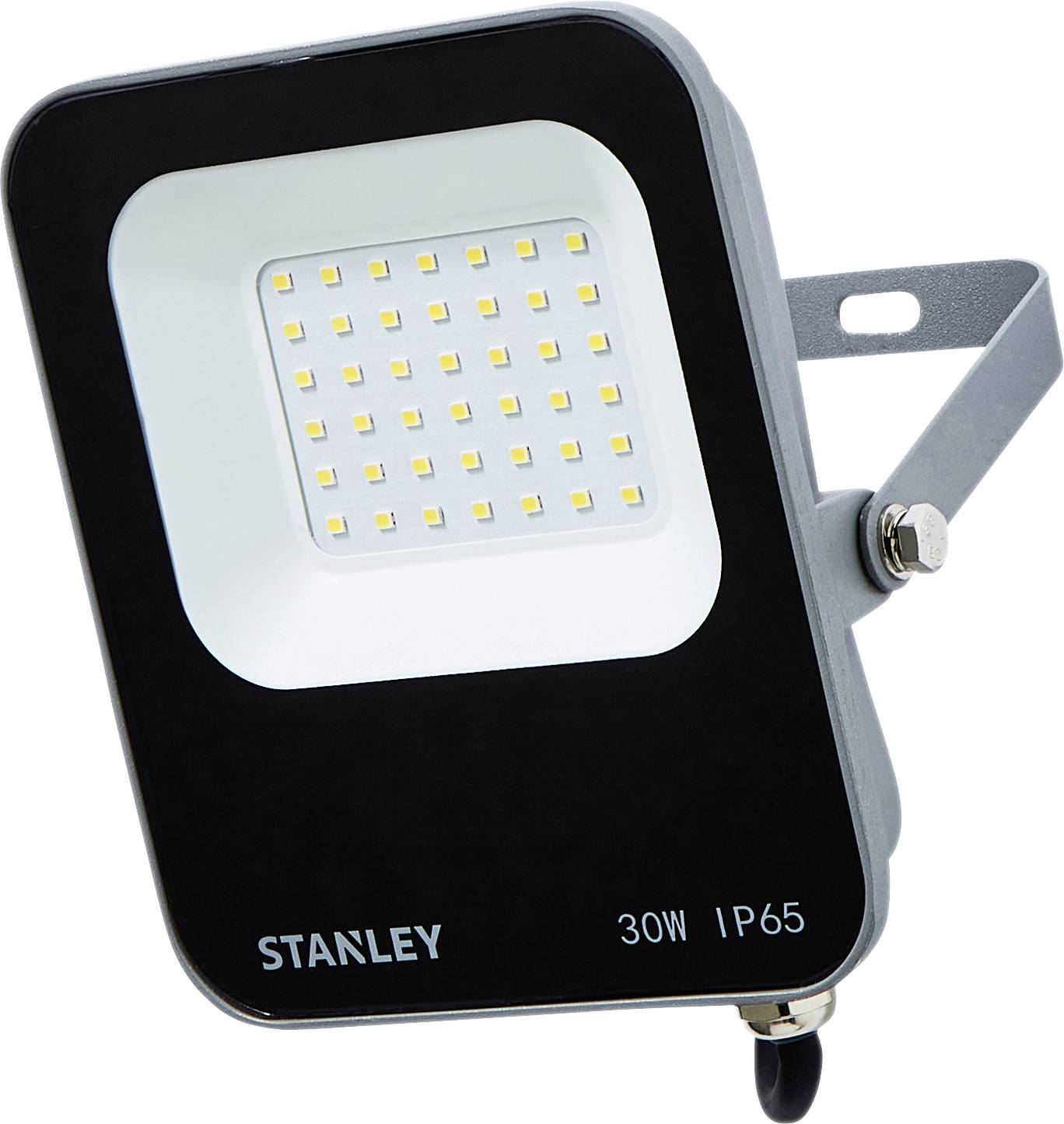 Outdoor-LED-Strahler mit verstellbarem Halterung, beschriftet mit 'STANLEY 30W IP65', geeignet für witterungsbeständige Beleuchtungsanwendungen.