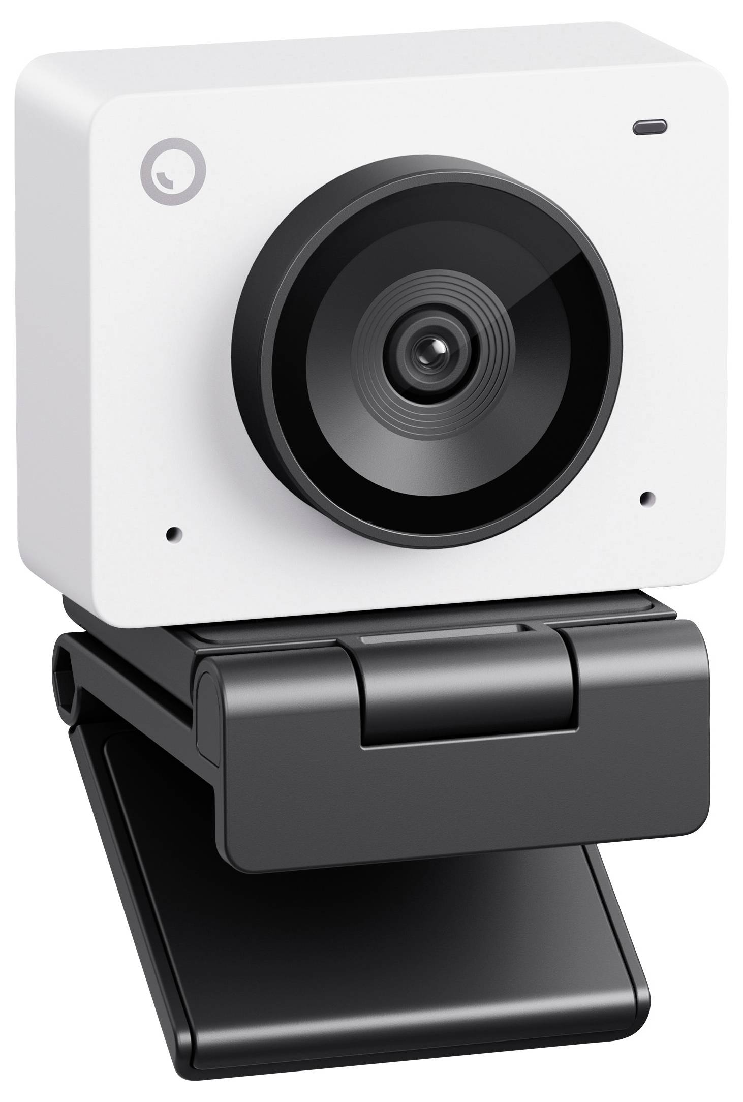 Eine weiße Webcam mit großem Objektiv und schwarzem Halterungsclip, geeignet für Videoaufnahmen oder Videokonferenzen.