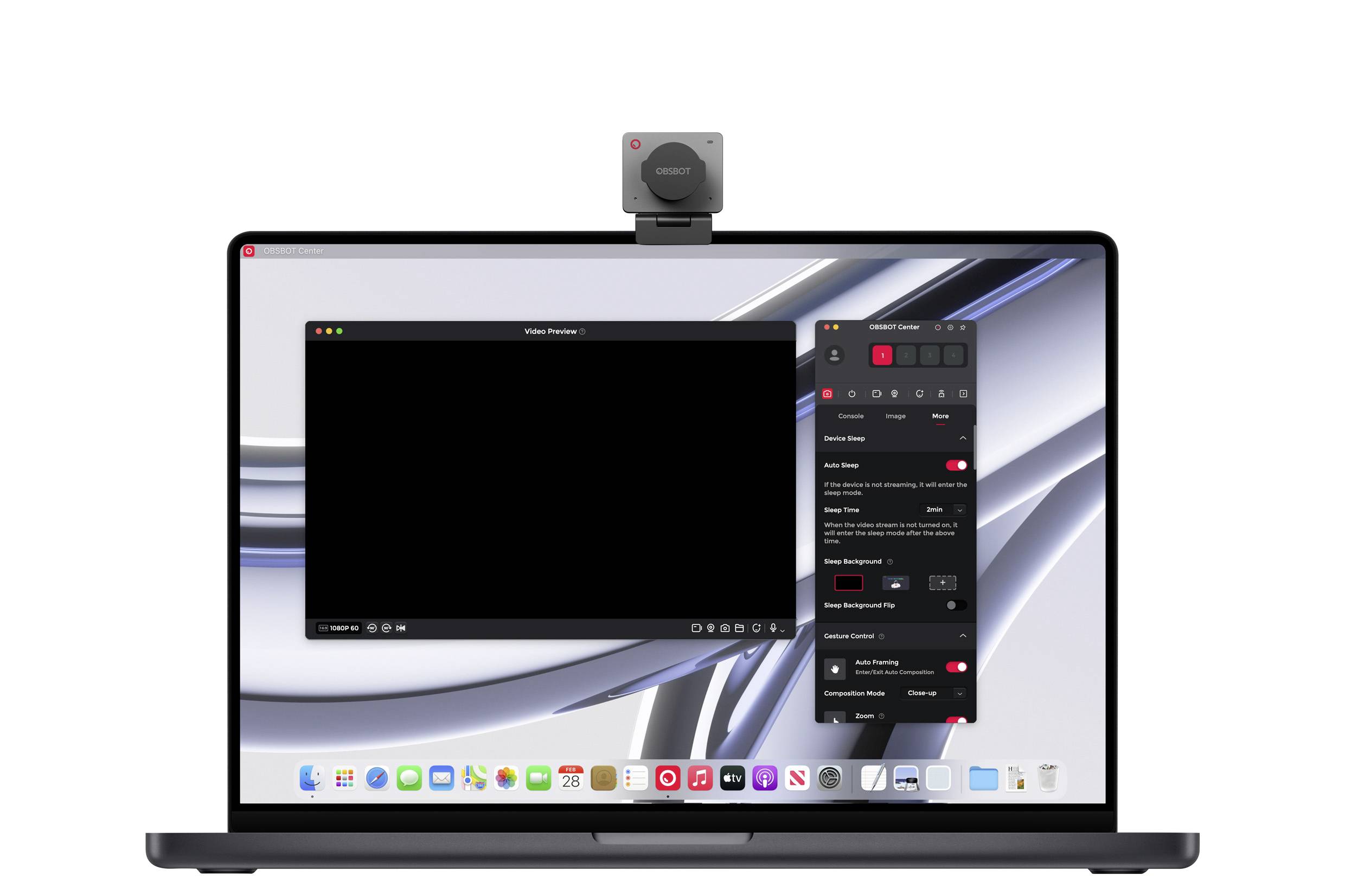 Ein Laptop mit angeschlossener Webcam zeigt ein geöffnetes Videoprogramm auf dem Bildschirm. Darunter befinden sich Icons für verschiedene Apps.