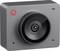Graue Webcam mit großem Objektiv in der Mitte, rotes Telefonsymbol oben links.