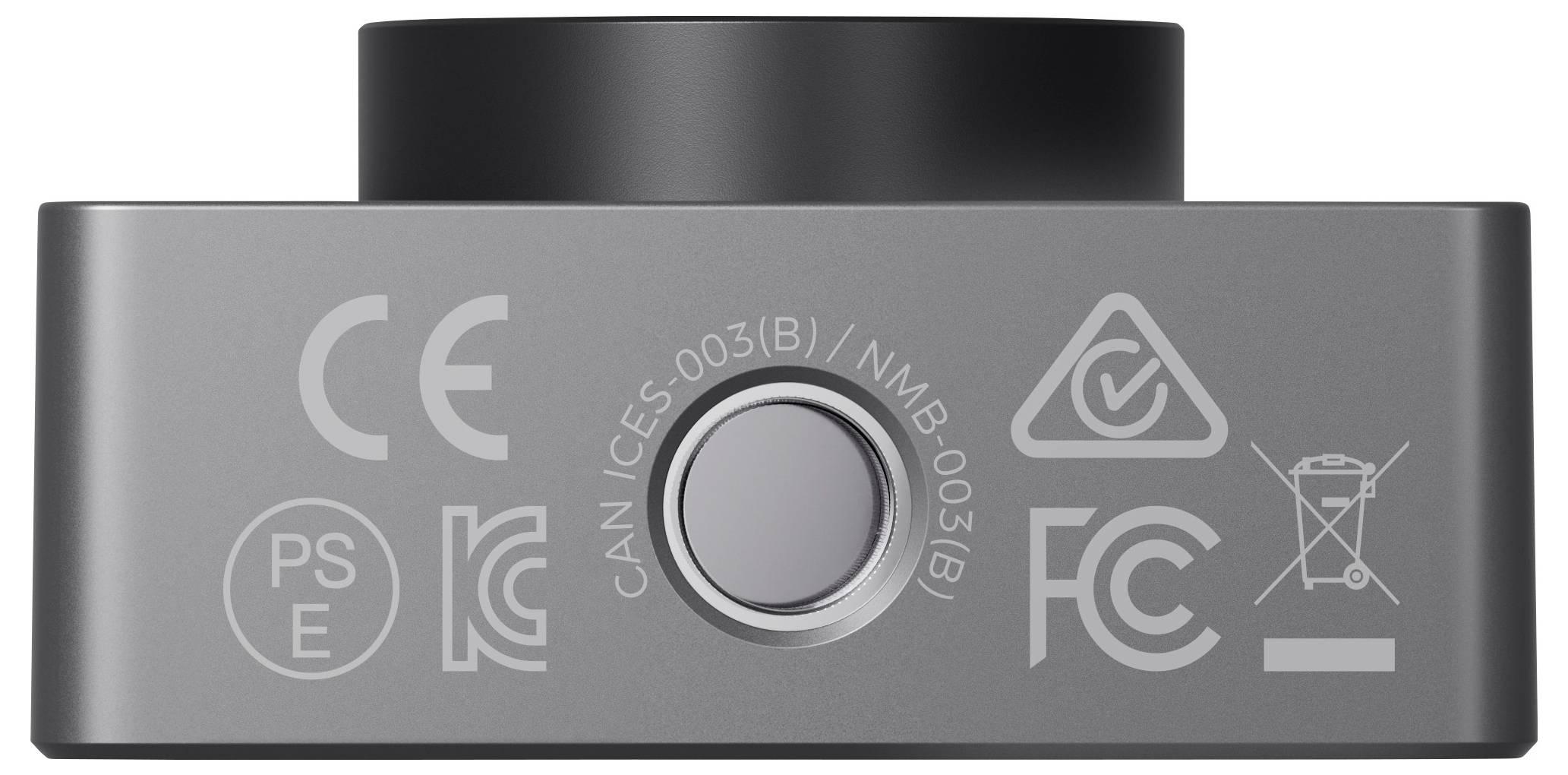 Graues elektronisches Gerät mit verschiedenen Zertifizierungs- und Sicherheitssymbolen auf der Vorderseite, darunter CE und FCC.
