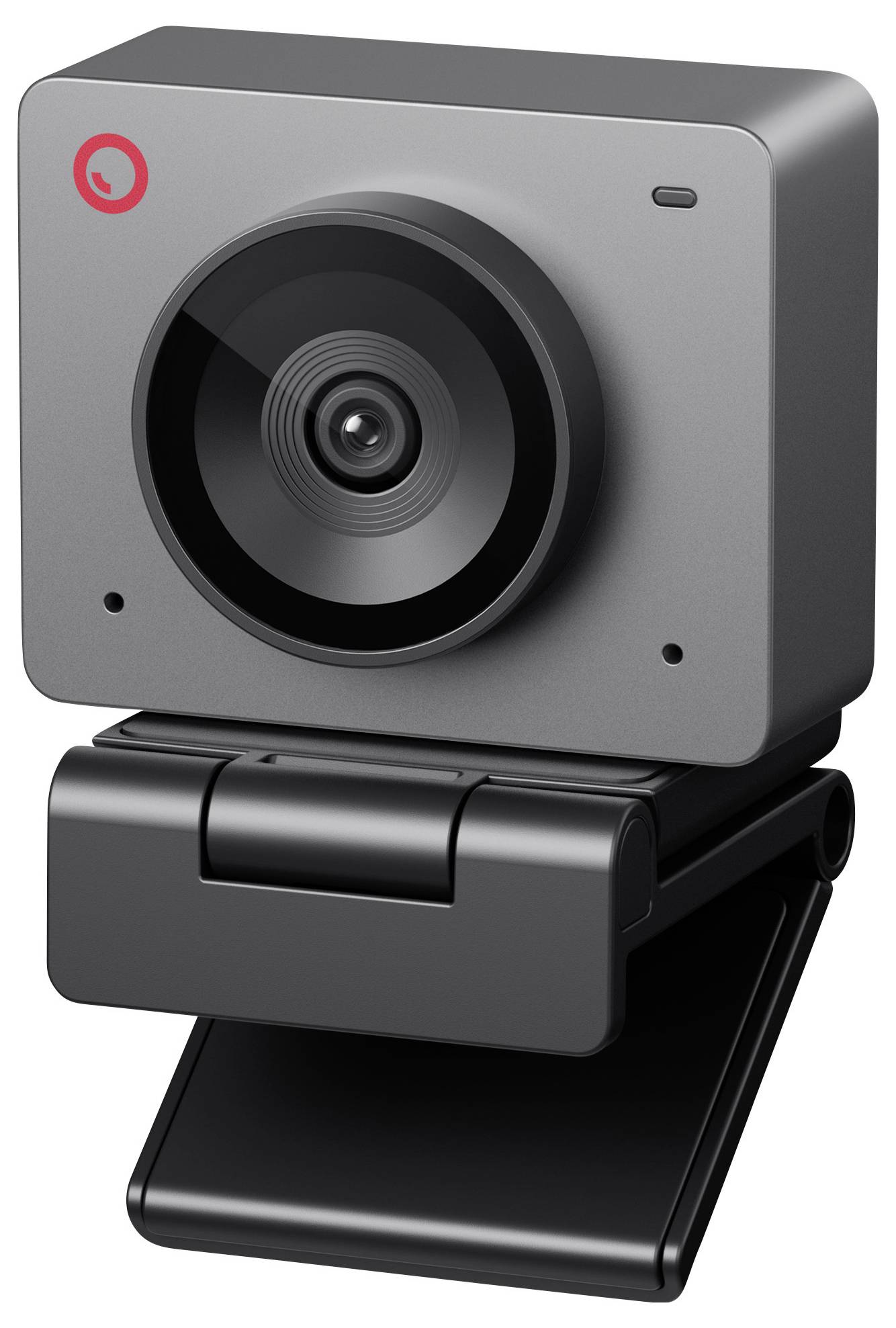 'Graue quadratische Webcam mit großem Linsengehäuse, montiert auf einem verstellbaren schwarzen Standfuß.'