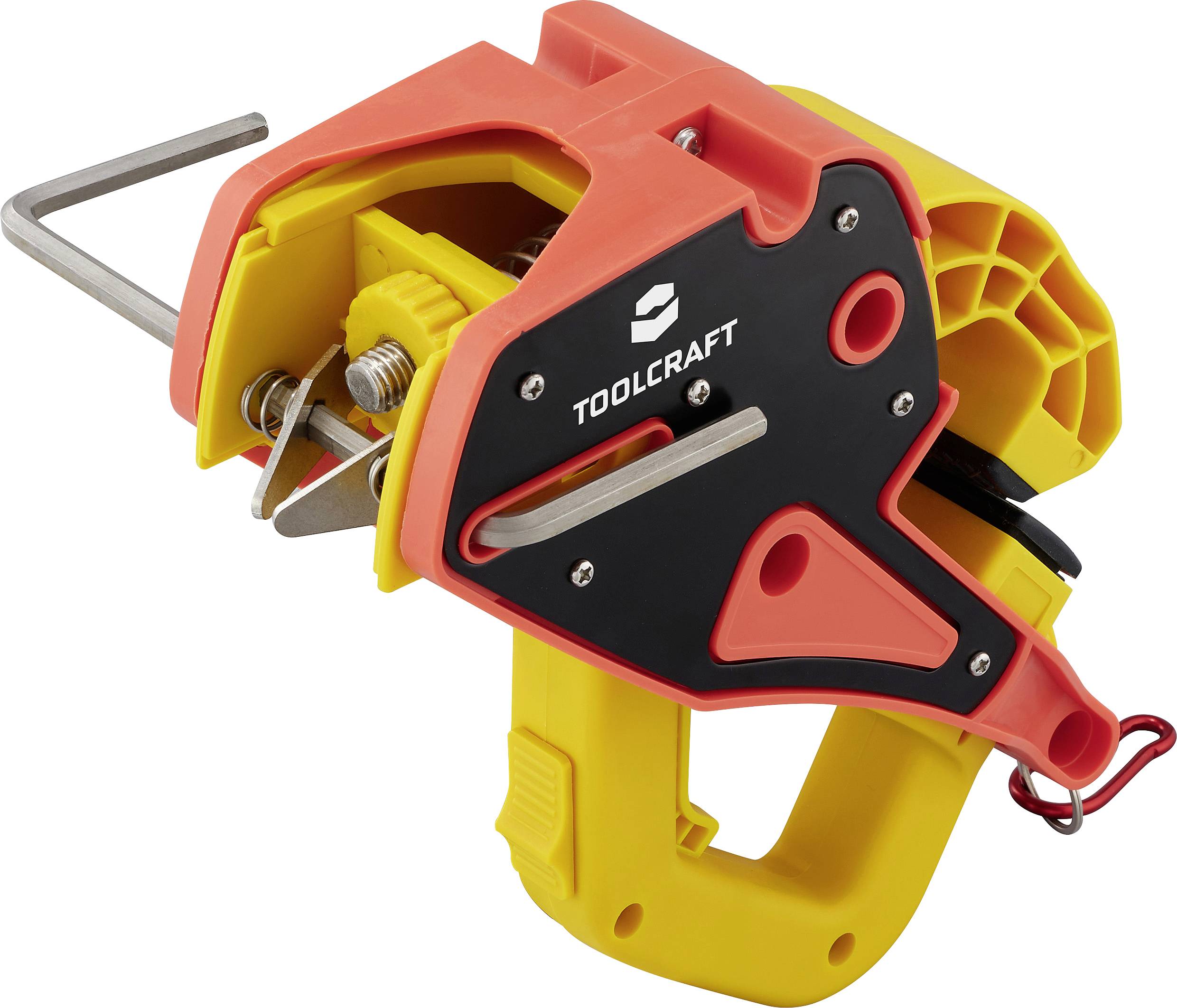 Ein rot-gelbes elektrisches Spannwerkzeug mit schwarzem Griff und der Aufschrift 'Toolcraft', geeignet für präzise Arbeiten.
