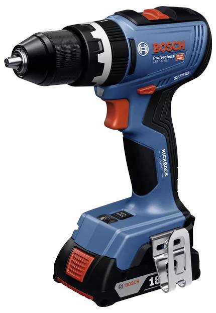 Akkubohrmaschine von Bosch, Modell GSR 18V-60 C, in Blau mit schwarzem Griff und silbernem Bohrkopf, seitliche Ansicht.