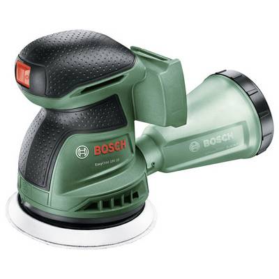 Ein grüner elektrischer Bosch-Exzenterschleifer mit ergonomischem Griff, geeignet für Schleifarbeiten auf verschiedenen Oberflächen.