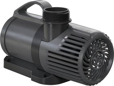 Grey filter pump for pond or pool with integrated protective grill, threaded connection, and carrying handle.