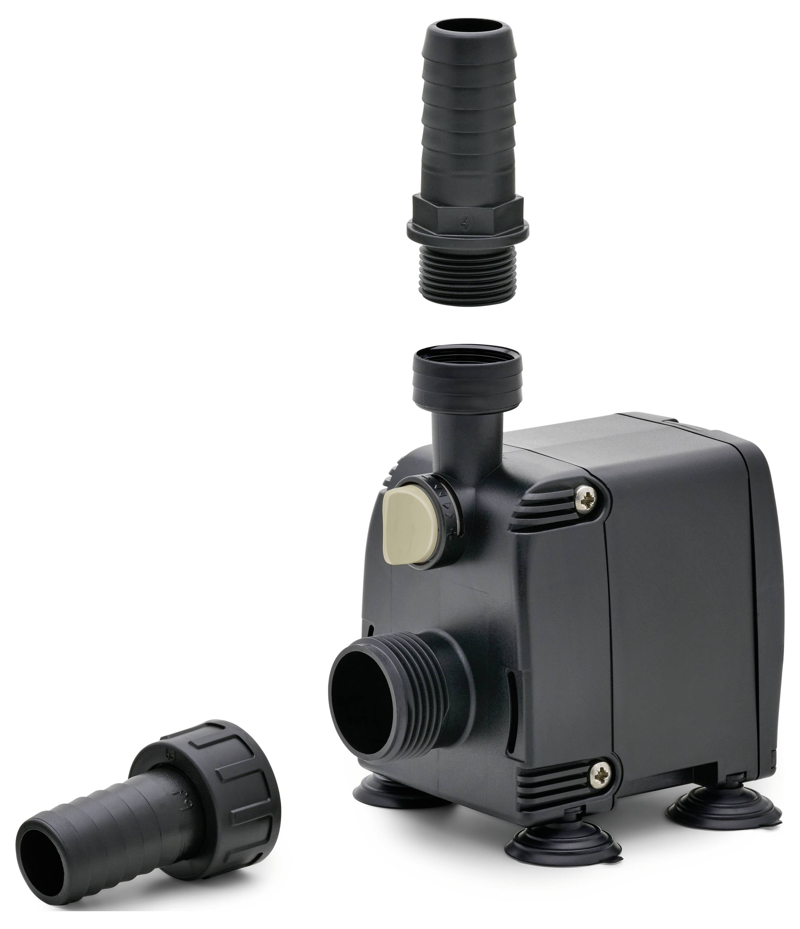 Eine schwarze Wasserpumpe mit zwei abnehmbaren Düsen, die über und unter der Pumpe gezeigt werden. Die Pumpe verfügt über einen beigen Schalter und vier Saugnapffüße.