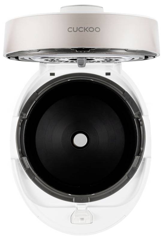 Reiskocher von oben fotografiert, geöffnet mit sichtbarem Innenraum. Markiert mit 'CUCKOO' auf der Klappe.