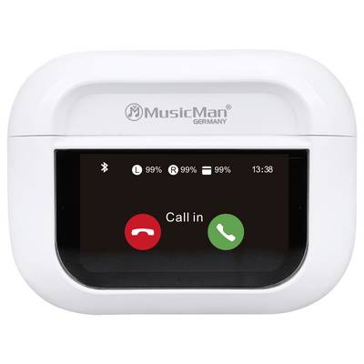 Ein weißes Gerät mit Display zeigt Bluetooth- und Akkustatus. Darunter sind zwei Buttons: ein roter Hörer zum Ablehnen und ein grüner Hörer zum Annehmen eines Anrufs.