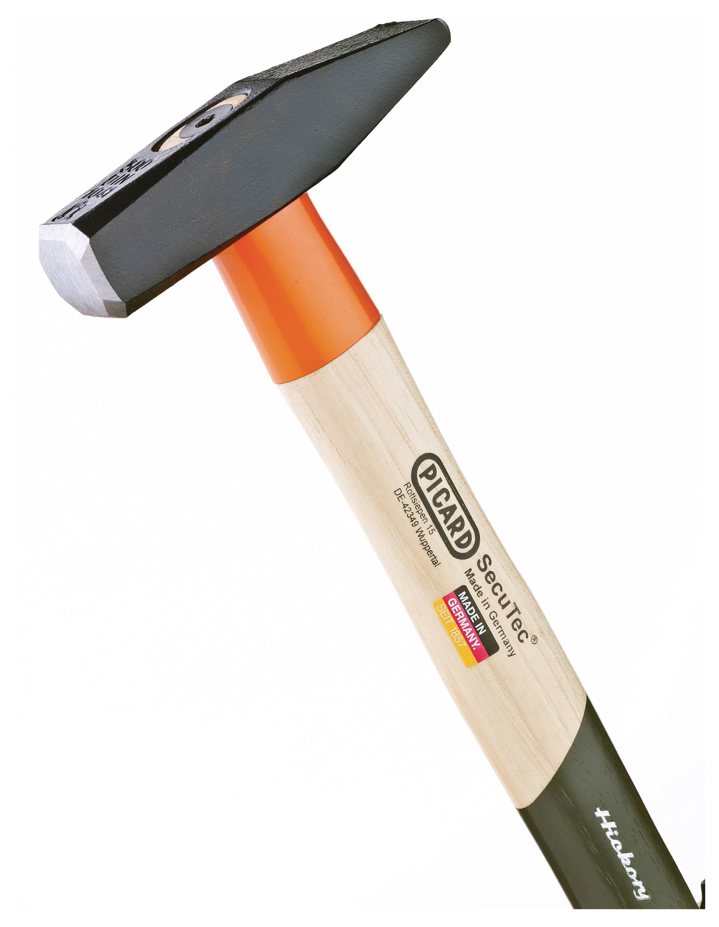 Ein Hammer mit schwarzem Kopf und hellem Holzgriff, rot am Übergang. Auf dem Griff ist der Schriftzug 'Picard Secutec' sichtbar.