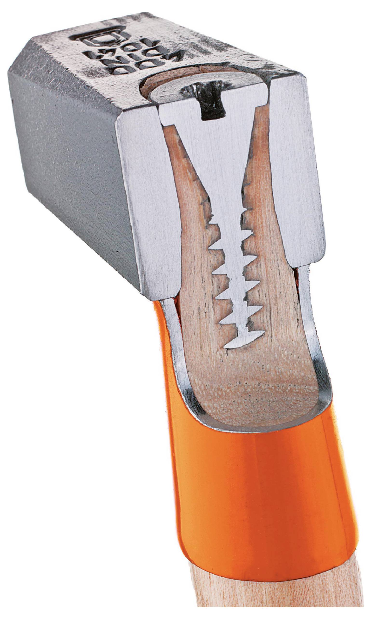 Querschnitt eines Premium-Sicherheitsbeils, zeigt die stabile Konstruktion, Holzgriff mit massiver Metallverbindung und orangefarbener Griffansatz.