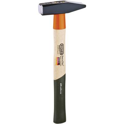 Hammer mit orange-schwarzem Kopf und hellem Holzgriff mit schwarzem Ende, Marke und Modellbeschreibung am Griff sichtbar.