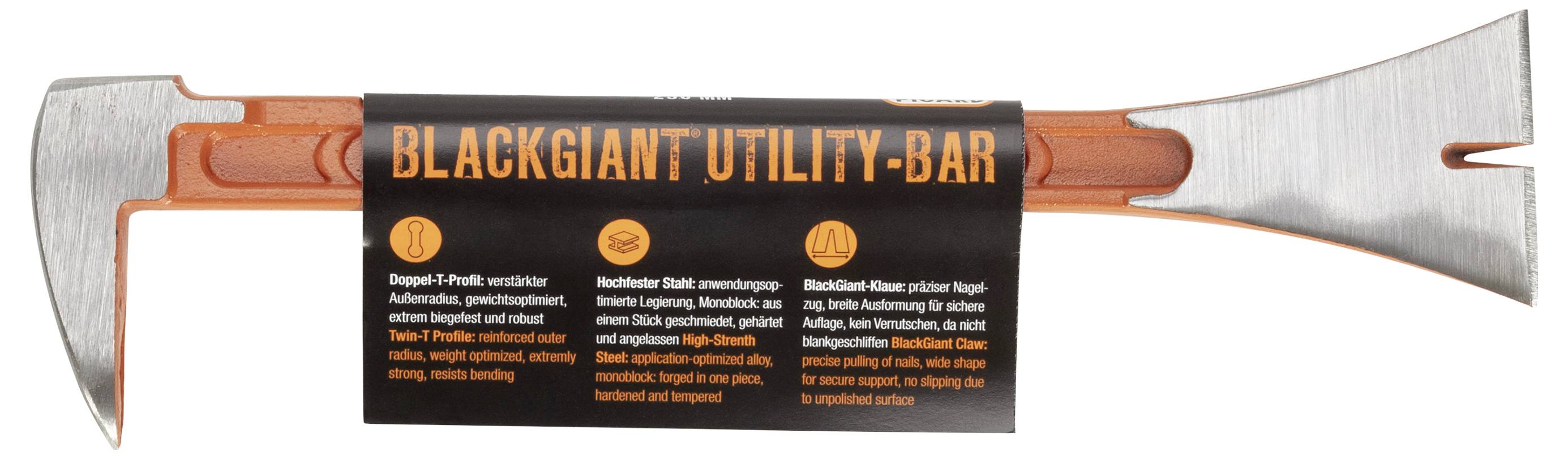 'Nageleisen mit doppeltem Ende aus schwerem Stahl, schwarze und orangefarbene Beschichtung. Text in Englisch beschreibt Funktionen.'