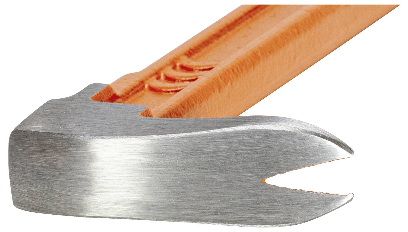 Ein orangefarbener Nagelzieher mit Metallkopf, geeignet zum Herausziehen von Nägeln aus Holzoberflächen.