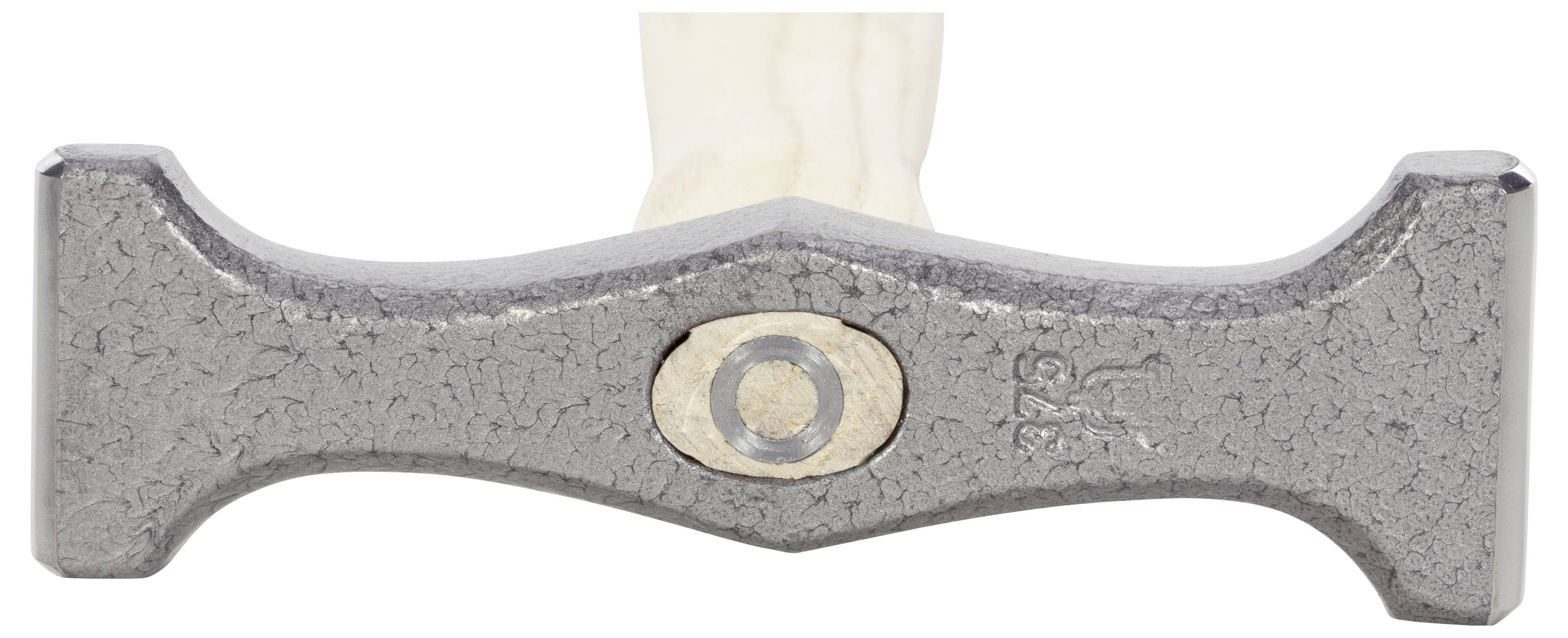 Ein grauer Metallhammer, auf einer weißen Fläche liegend, mit einem runden Metallkern in der Mitte des Hammerkopfes.