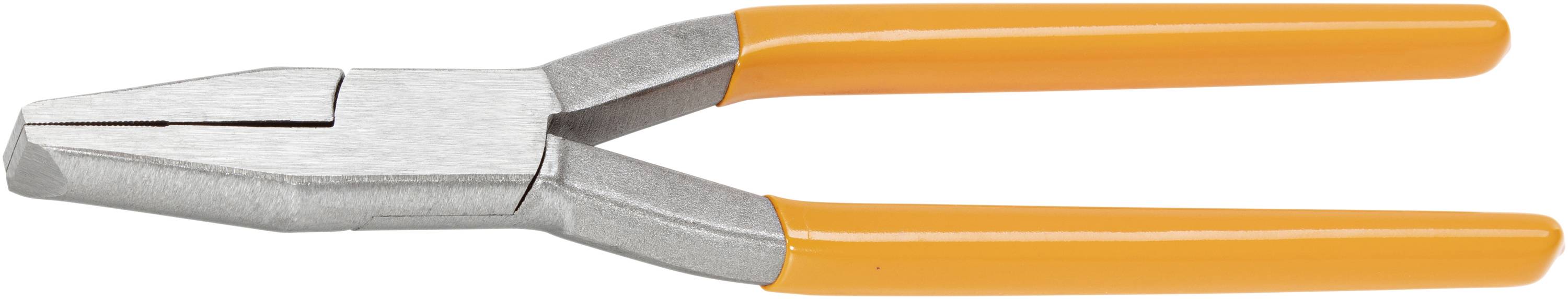 Eine silberne Flachzange mit orangefarbenen Kunststoffgriffen.