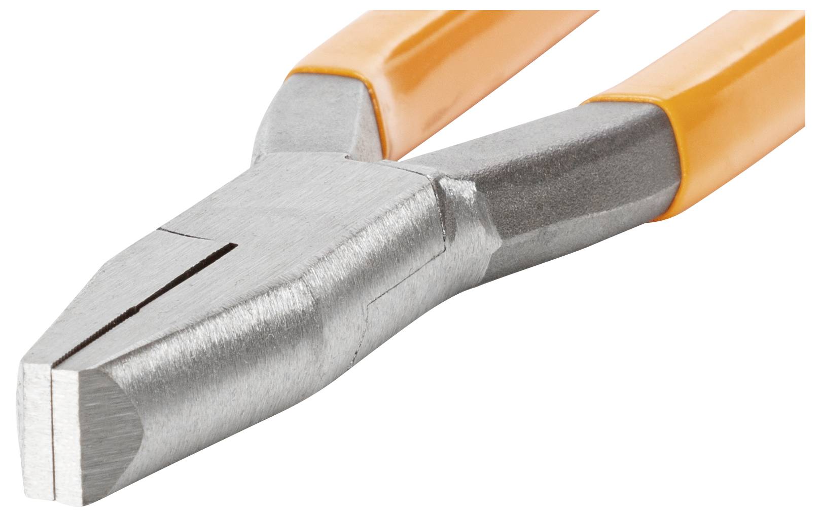 Metallzange mit orangefarbenen Griffen, Vorderansicht der Greifbacken. Ideal für handwerkliche Arbeiten.