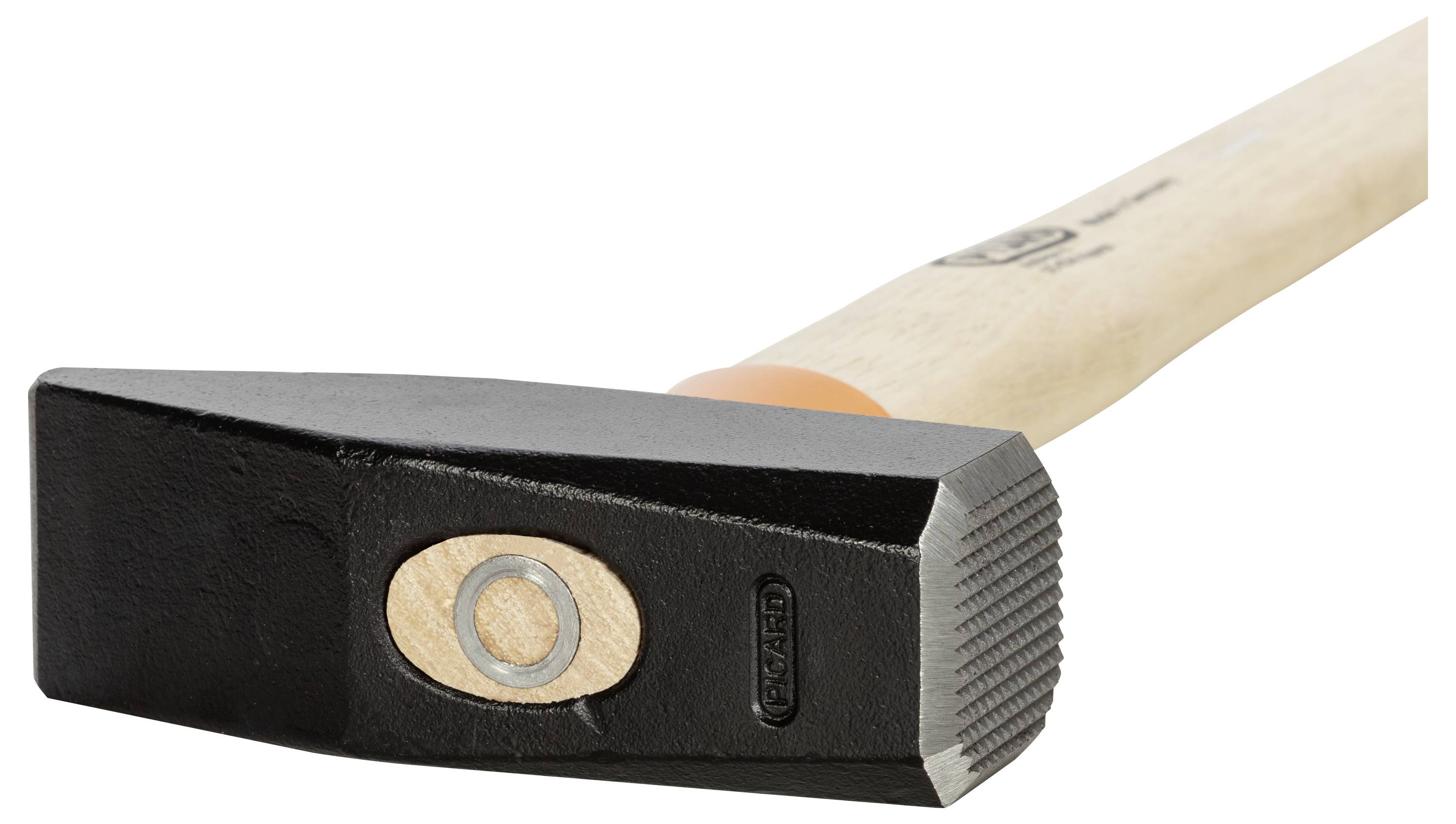 Ein Vorschlaghammer mit einem Holzgriff und einem schwarzen, rechteckigen Kopf liegt auf einer Fläche.