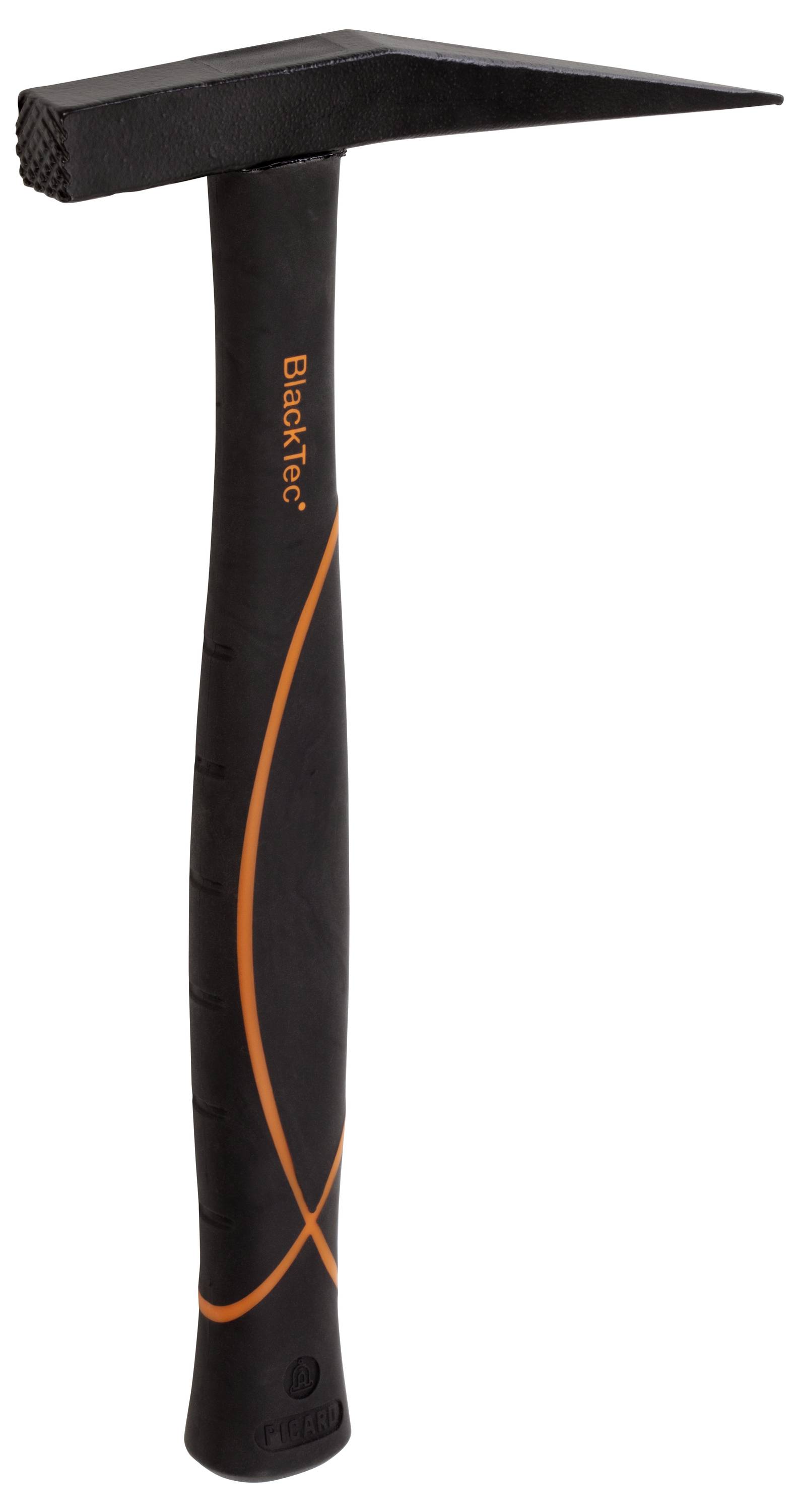 Ein schwarzer Hammer mit spitzem Kopf und orangefarbenen Akzenten. Der Kopf ist quadratisch und die Spitze läuft schmal zu.