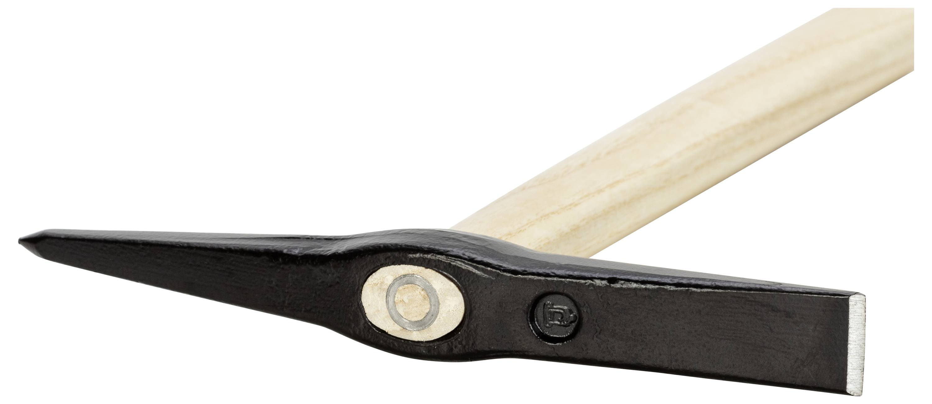 Spitzhacke mit Holzgriff und einem geschmiedeten Metallkopf. Geeignet für Garten- oder Bauarbeiten.