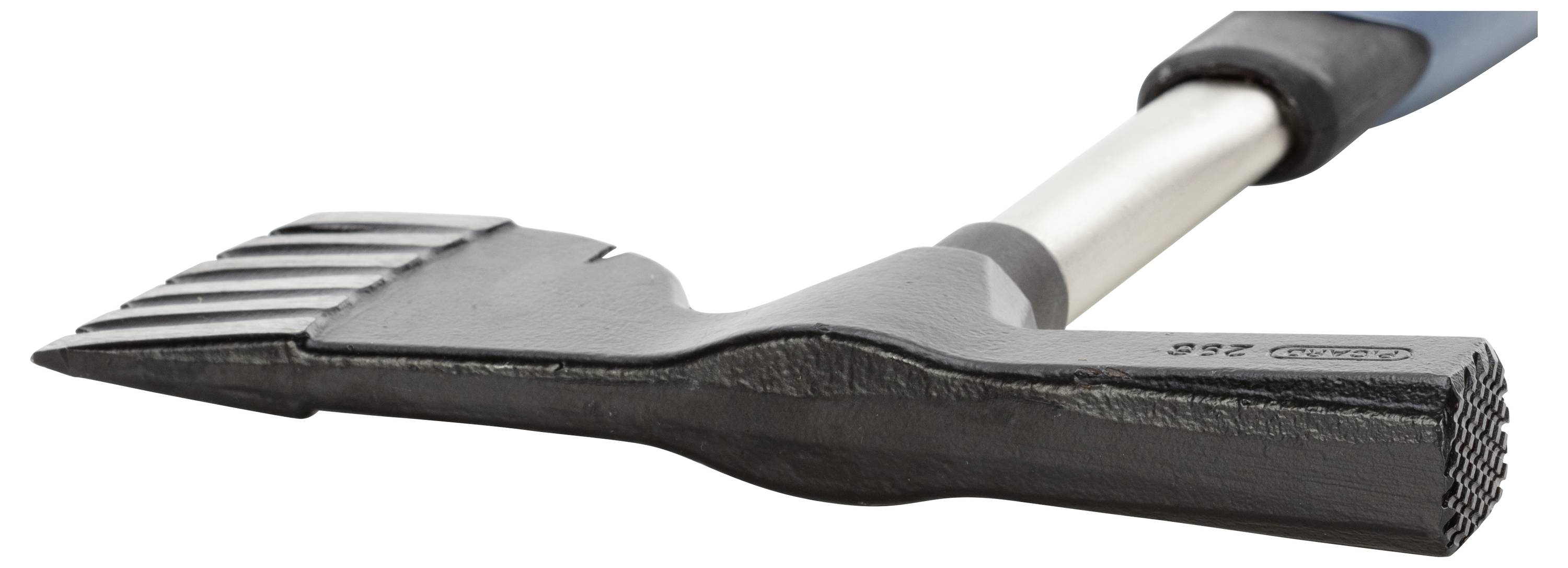 Nahaufnahme eines kombinierten Schabers und Meißels mit schwarzer Metallklinge und einem ergonomischen Griff.