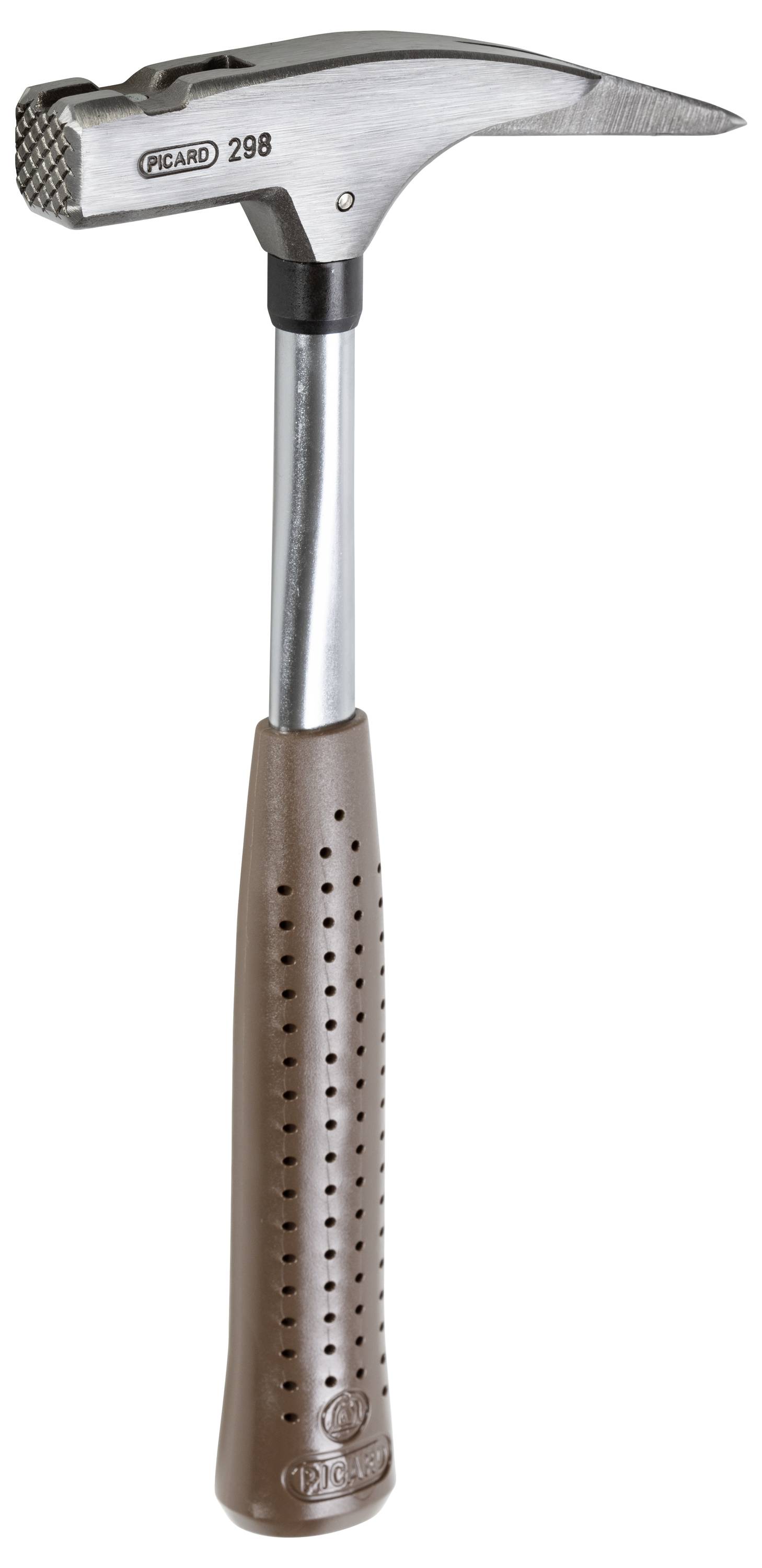 Ein Zimmermannshammer mit braunem, perforiertem Griff und silbernem Kopf. Der Hammer ist für den professionellen Gebrauch geeignet.