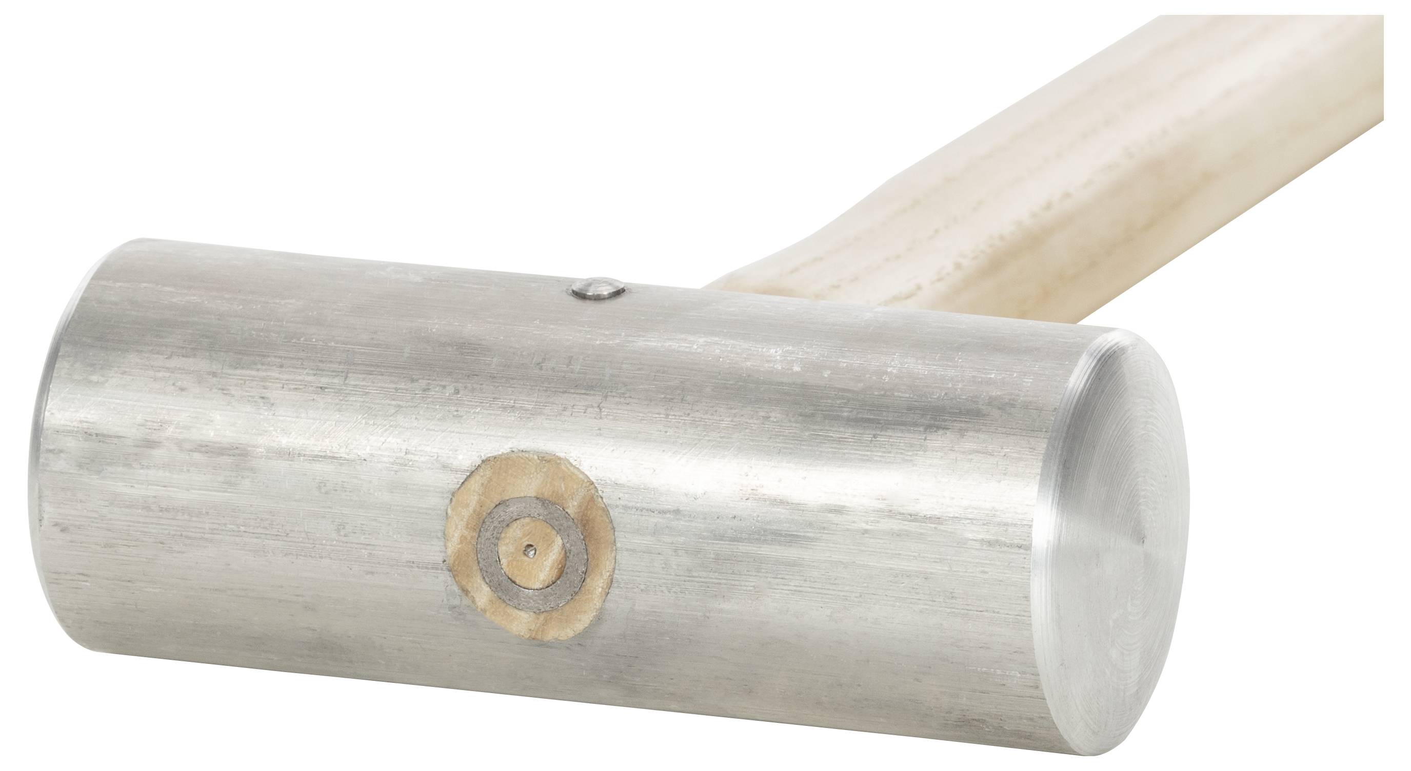 Ein Holzhammer mit rundem, silbernem Kopf und hellem Holzgriff, häufig in handwerklichen Arbeiten verwendet.