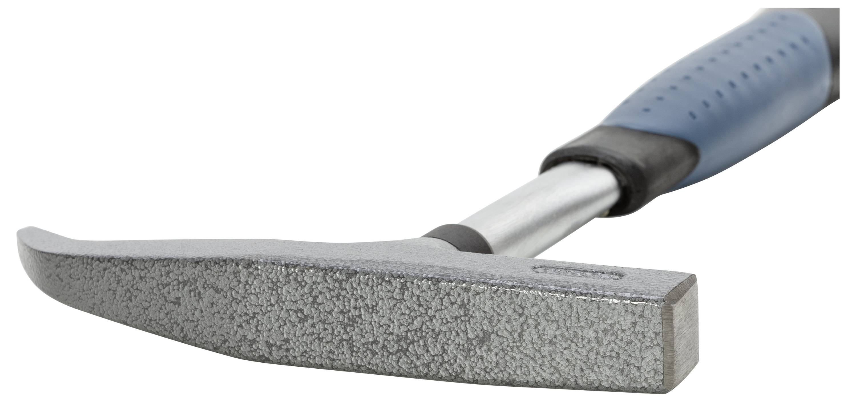 Silberner Hammer mit blau-schwarzem Griff, zeigt die Kante des gehärteten Kopfes. Werkzeugspezifikation wird nicht angegeben.